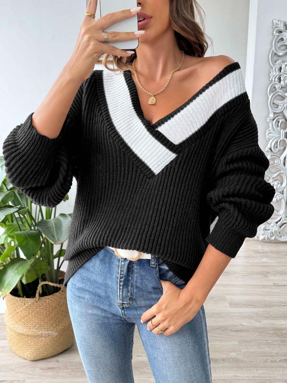 Contrast Dropped Shoulder Long Sleeve Sweater - Bona Fide Fashion