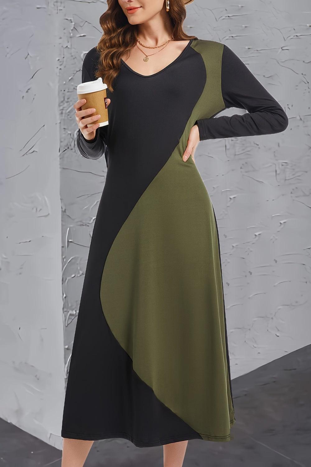 Contrast Long Sleeve Midi Dress - Bona Fide Fashion