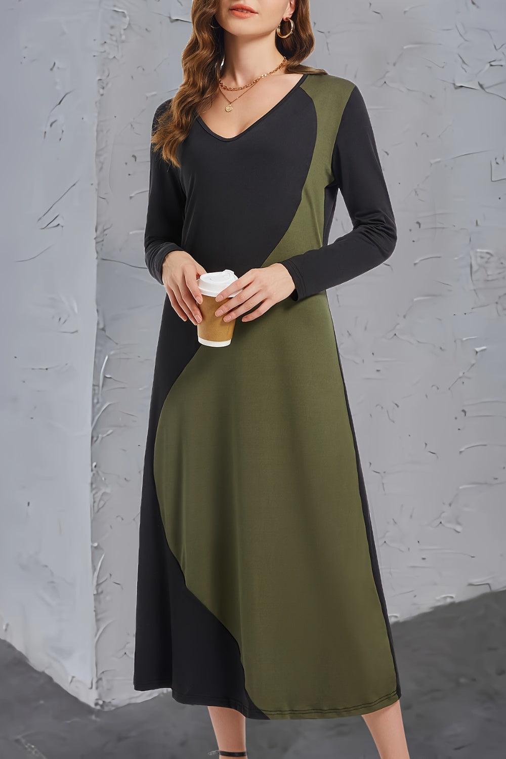 Contrast Long Sleeve Midi Dress - Bona Fide Fashion