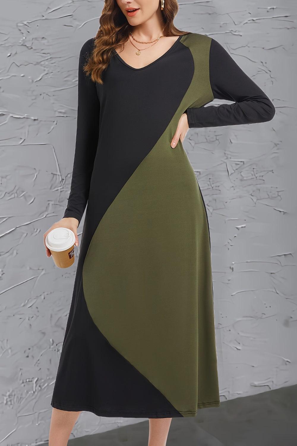 Contrast Long Sleeve Midi Dress - Bona Fide Fashion