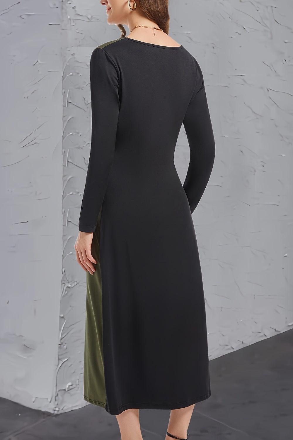 Contrast Long Sleeve Midi Dress - Bona Fide Fashion