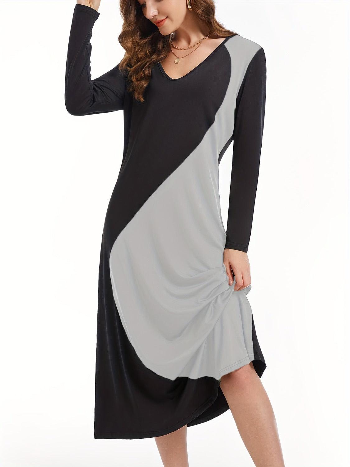 Contrast Long Sleeve Midi Dress - Bona Fide Fashion