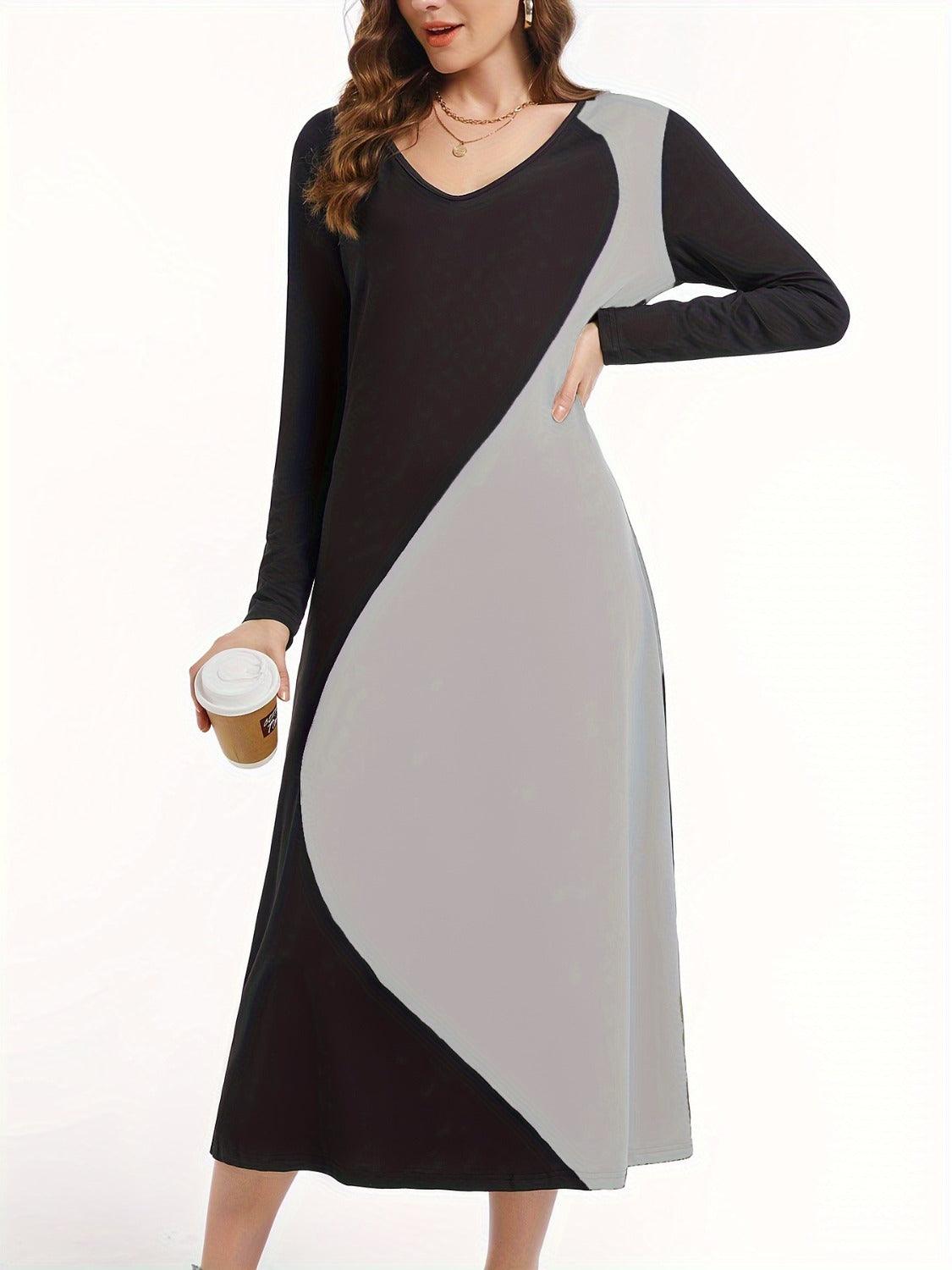 Contrast Long Sleeve Midi Dress - Bona Fide Fashion