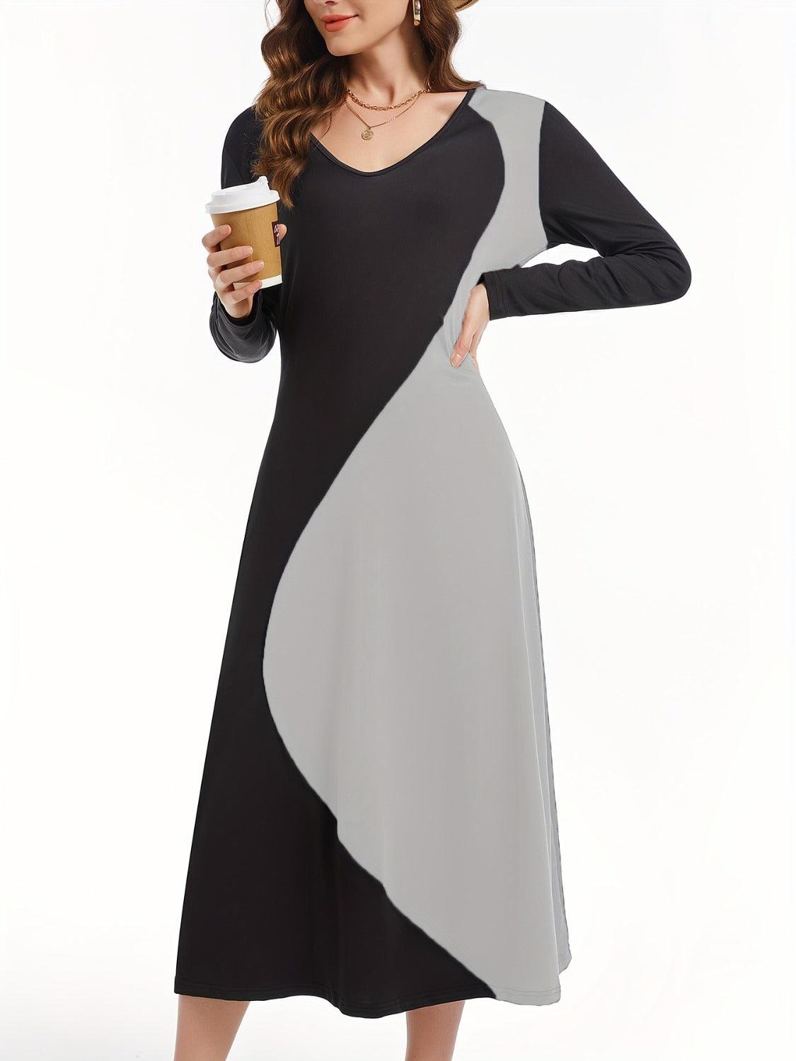 Contrast Long Sleeve Midi Dress - Bona Fide Fashion