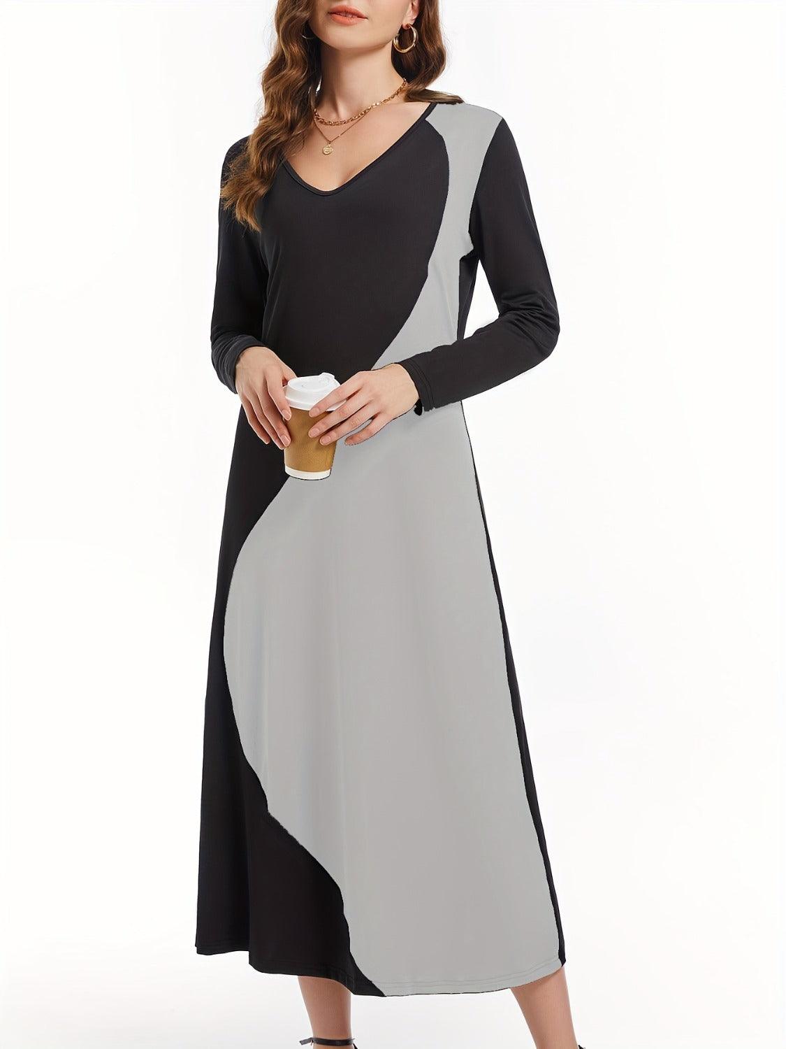 Contrast Long Sleeve Midi Dress - Bona Fide Fashion