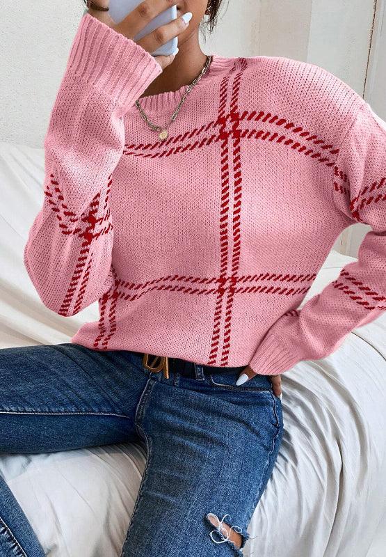 Contrast Round Neck Long Sleeve Sweater - Bona Fide Fashion