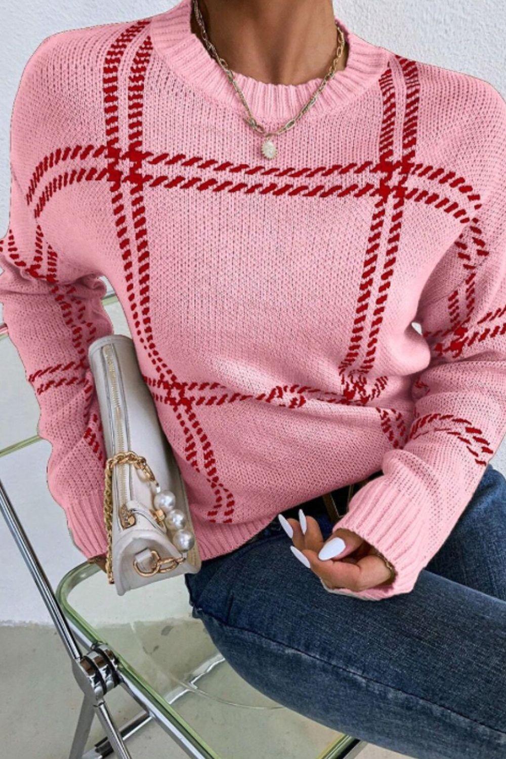 Contrast Round Neck Long Sleeve Sweater - Bona Fide Fashion