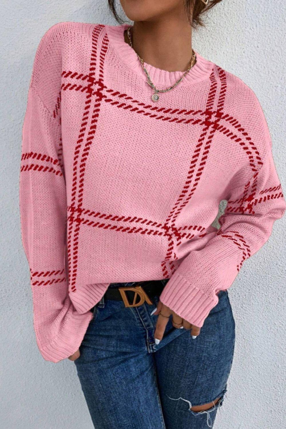 Contrast Round Neck Long Sleeve Sweater - Bona Fide Fashion