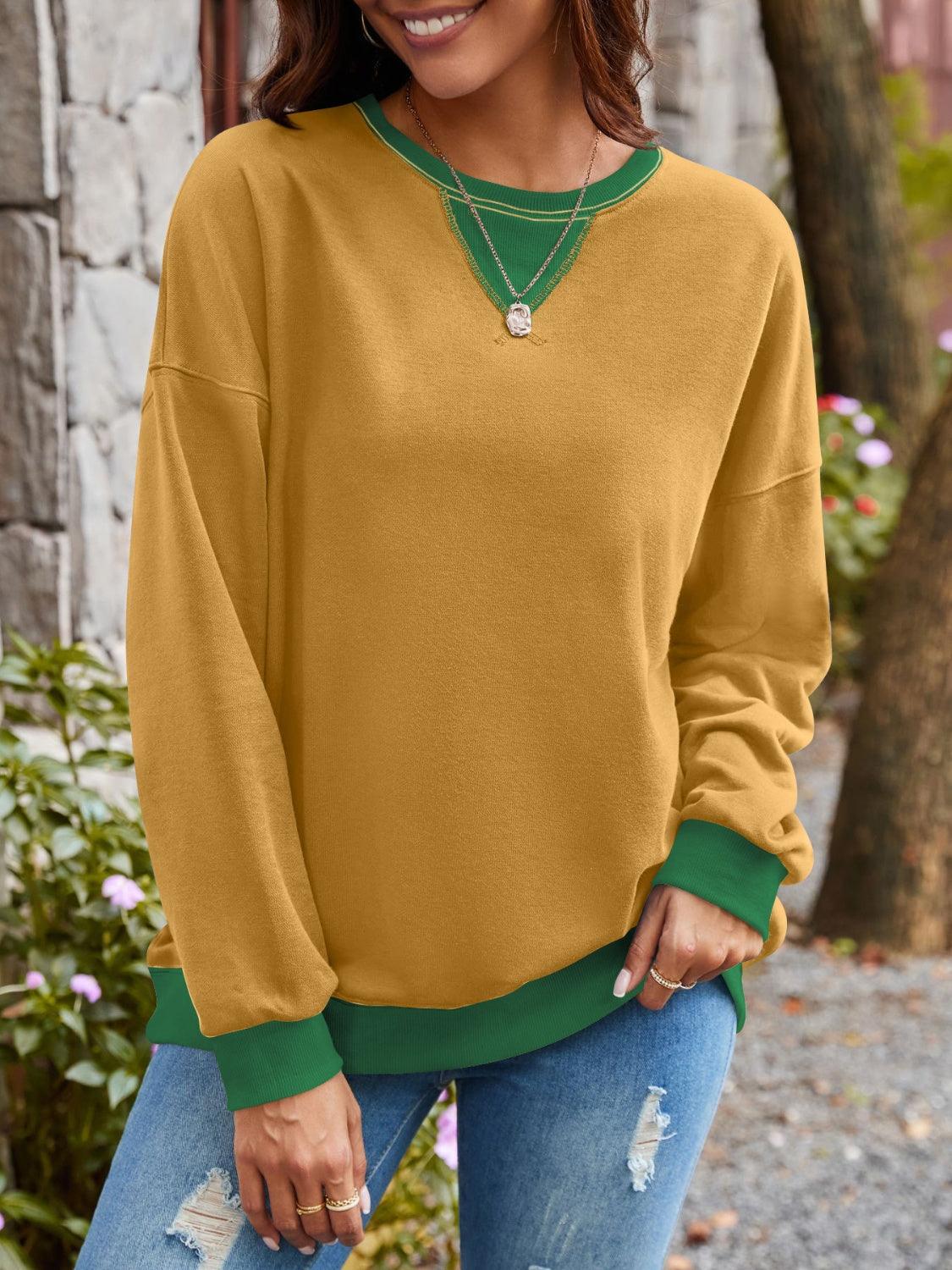 Contrast Round Neck Long Sleeve Sweatshirt - Bona Fide Fashion