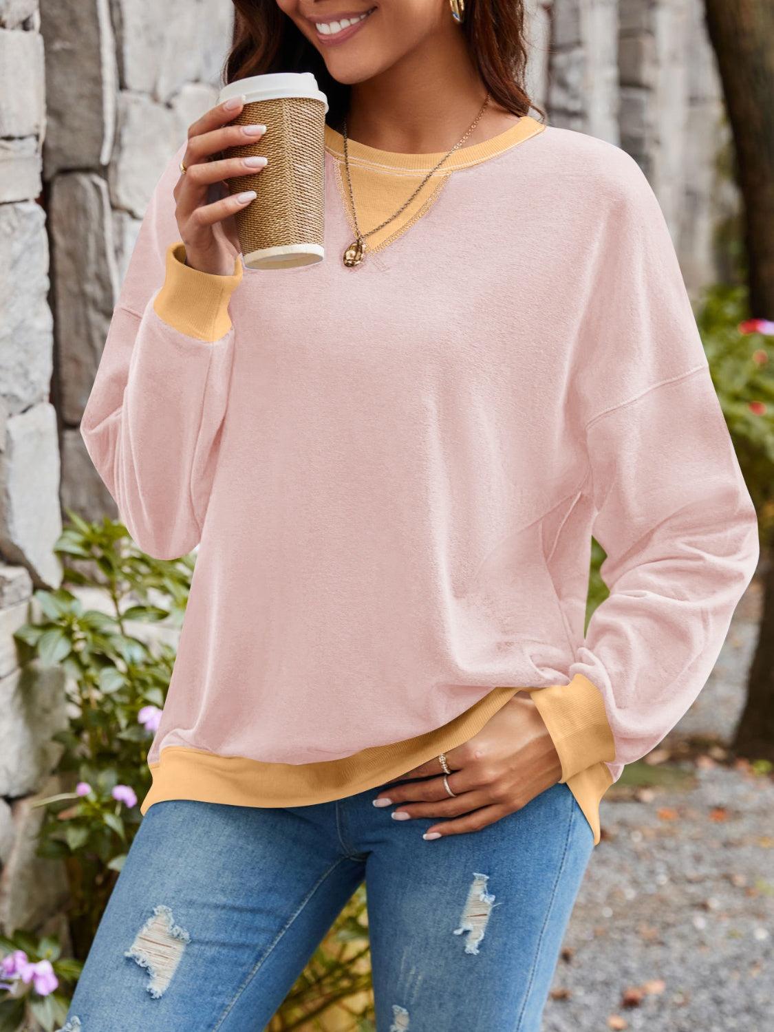 Contrast Round Neck Long Sleeve Sweatshirt - Bona Fide Fashion