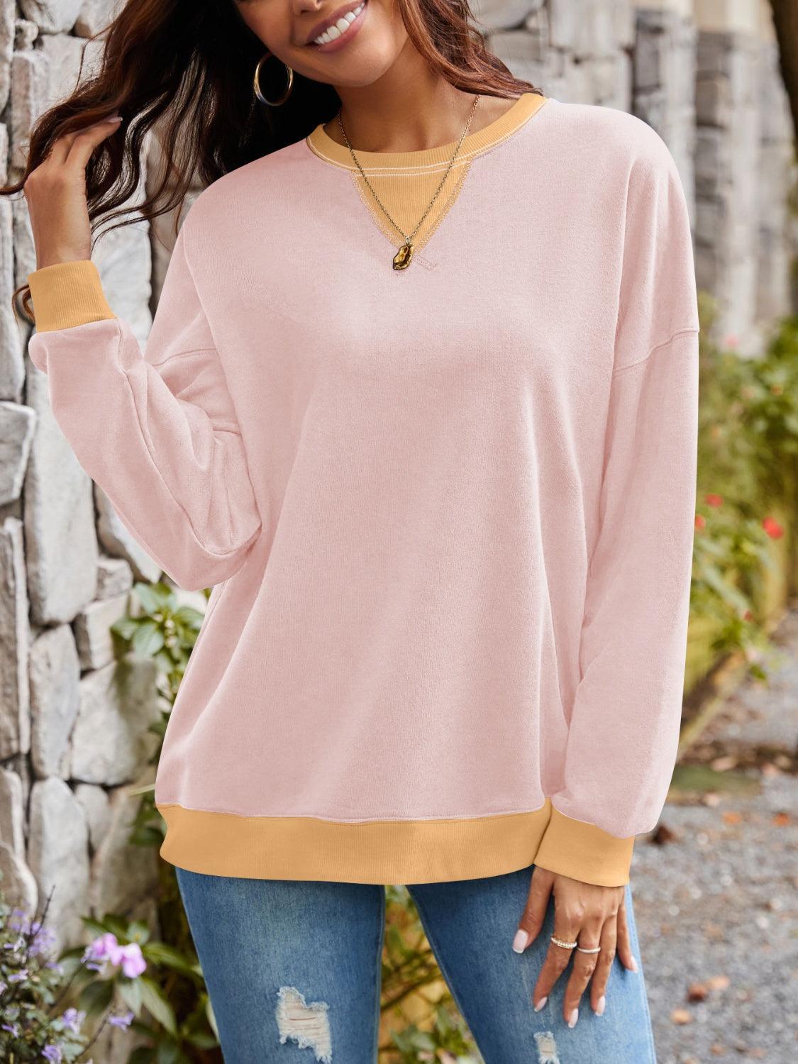 Contrast Round Neck Long Sleeve Sweatshirt - Bona Fide Fashion