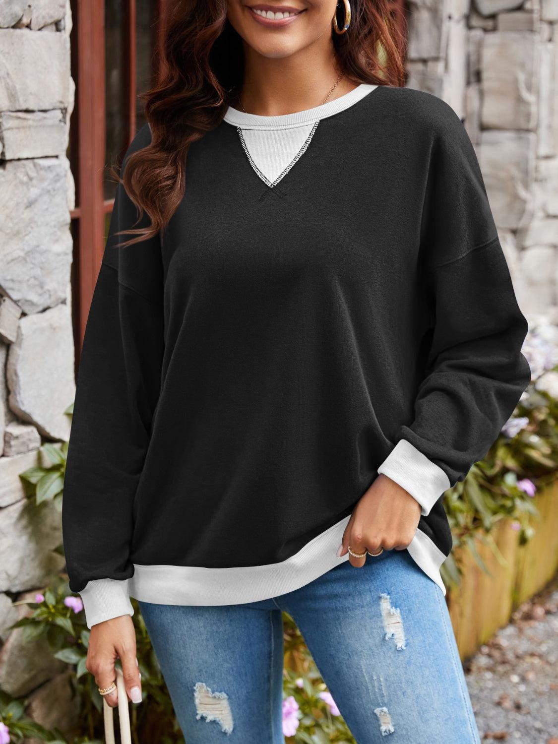 Contrast Round Neck Long Sleeve Sweatshirt - Bona Fide Fashion