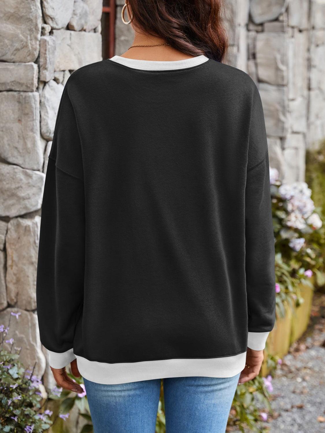 Contrast Round Neck Long Sleeve Sweatshirt - Bona Fide Fashion