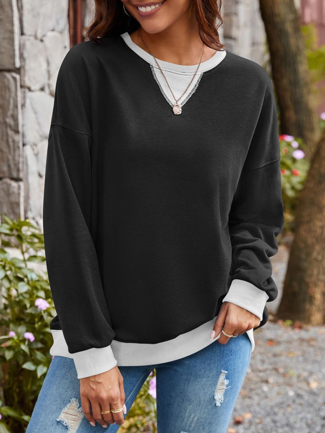 Contrast Round Neck Long Sleeve Sweatshirt - Bona Fide Fashion