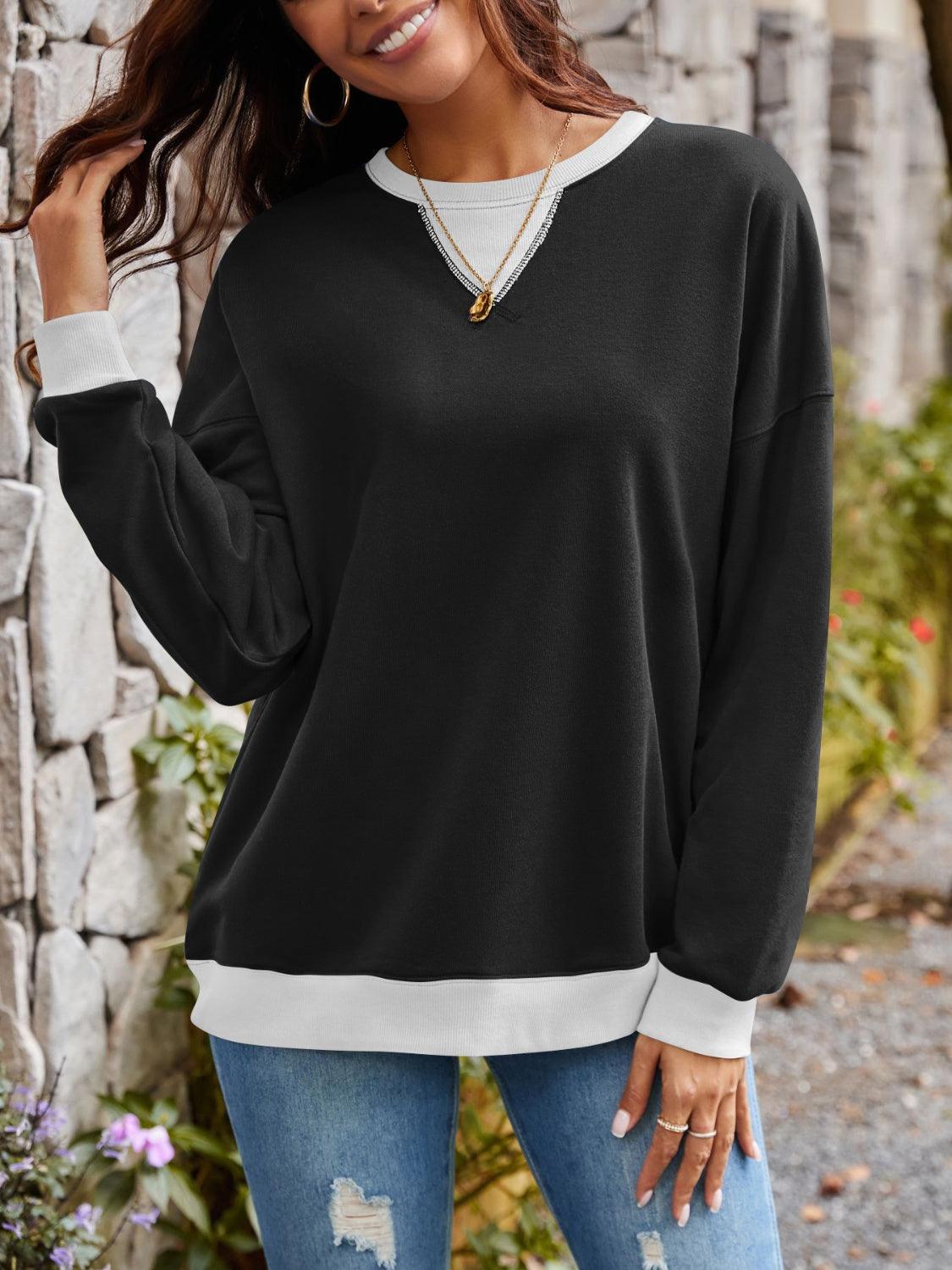 Contrast Round Neck Long Sleeve Sweatshirt - Bona Fide Fashion