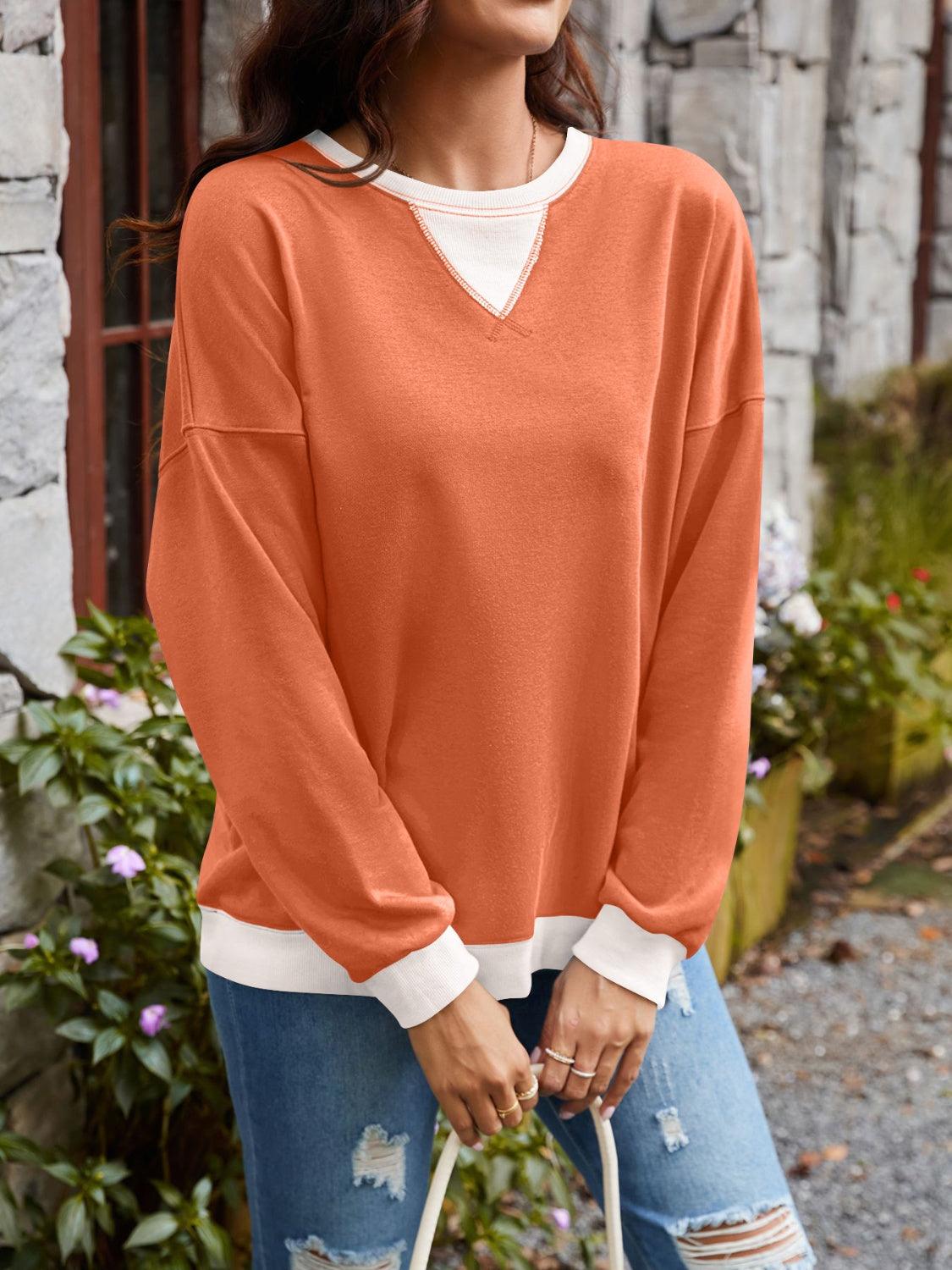 Contrast Round Neck Long Sleeve Sweatshirt - Bona Fide Fashion