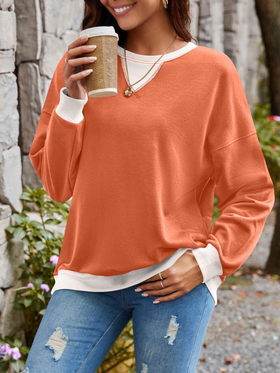 Contrast Round Neck Long Sleeve Sweatshirt - Bona Fide Fashion