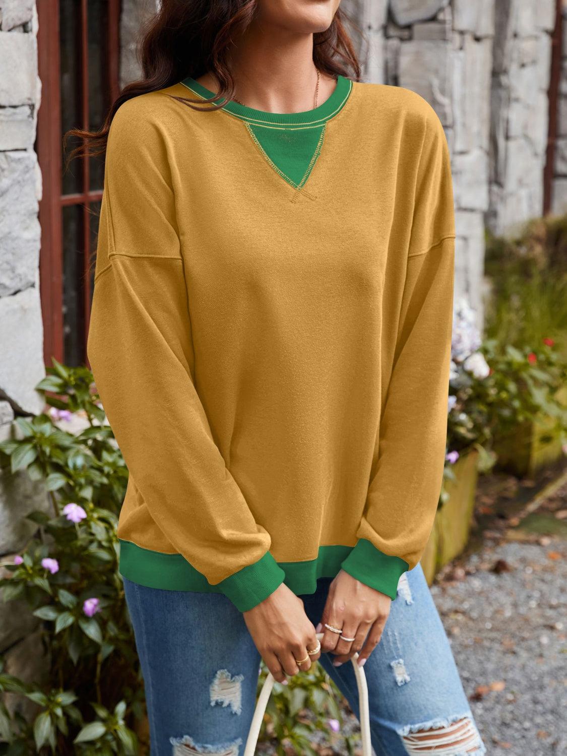 Contrast Round Neck Long Sleeve Sweatshirt - Bona Fide Fashion