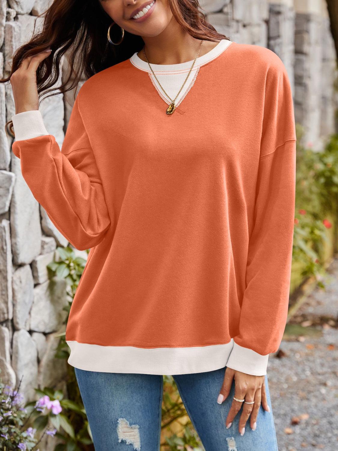 Contrast Round Neck Long Sleeve Sweatshirt - Bona Fide Fashion