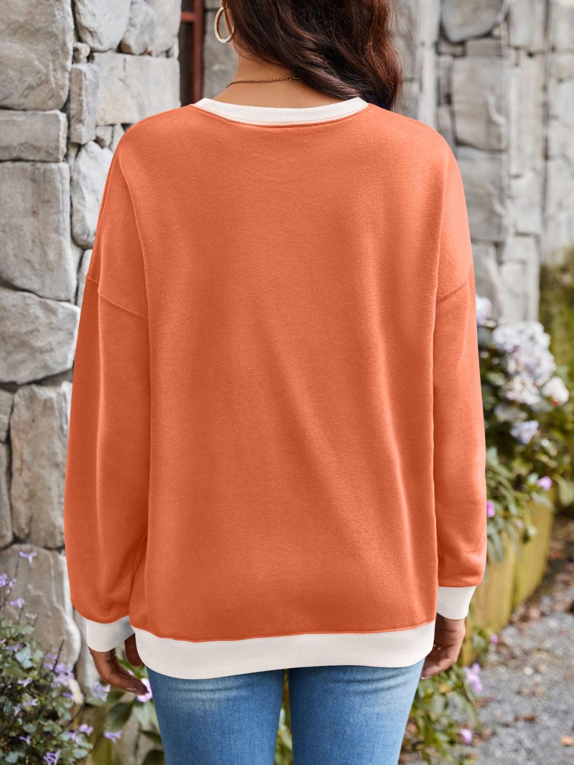 Contrast Round Neck Long Sleeve Sweatshirt - Bona Fide Fashion