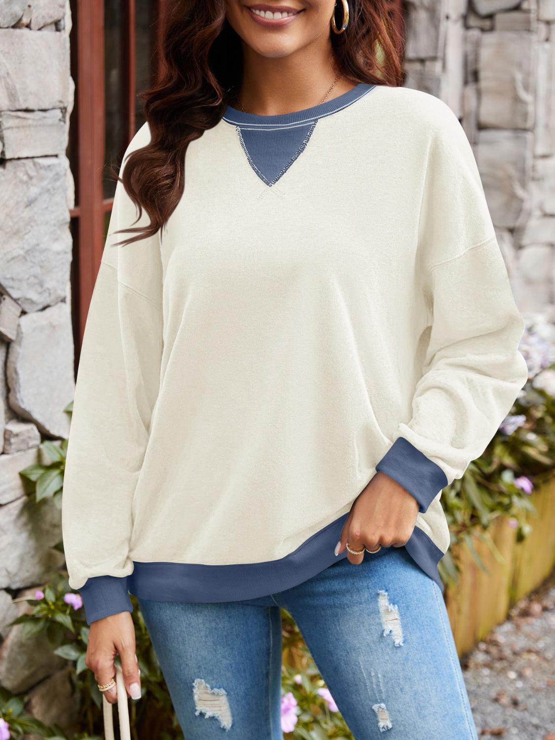 Contrast Round Neck Long Sleeve Sweatshirt - Bona Fide Fashion