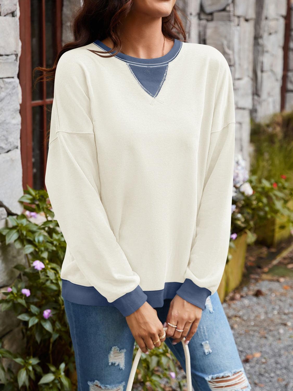 Contrast Round Neck Long Sleeve Sweatshirt - Bona Fide Fashion