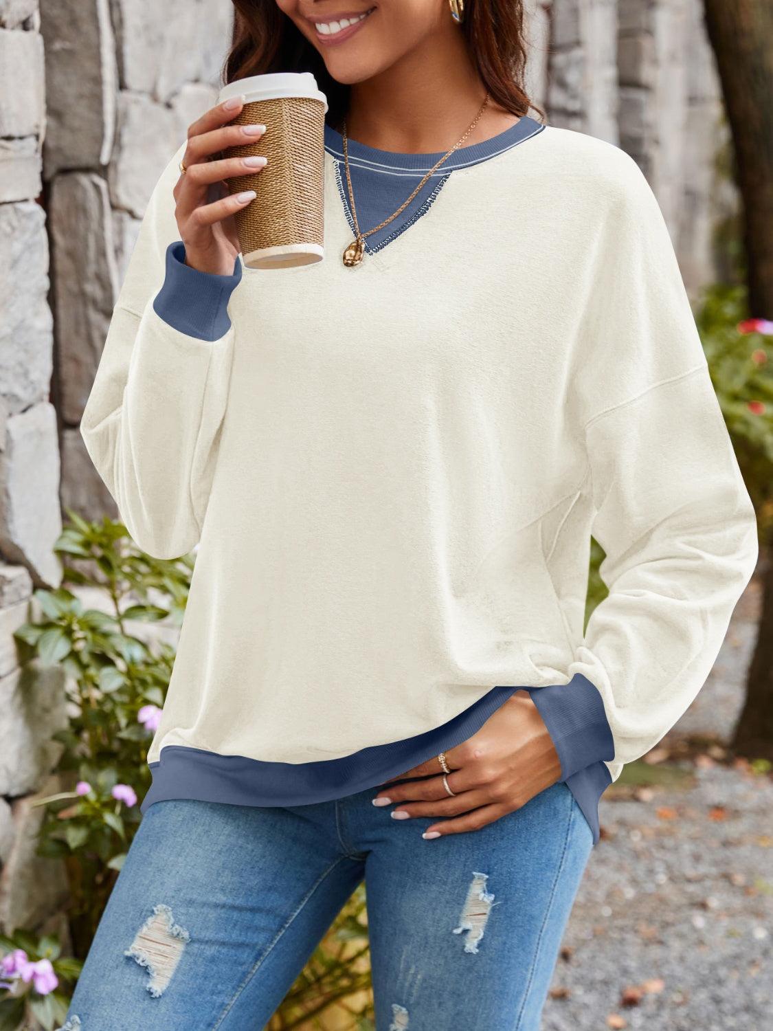 Contrast Round Neck Long Sleeve Sweatshirt - Bona Fide Fashion