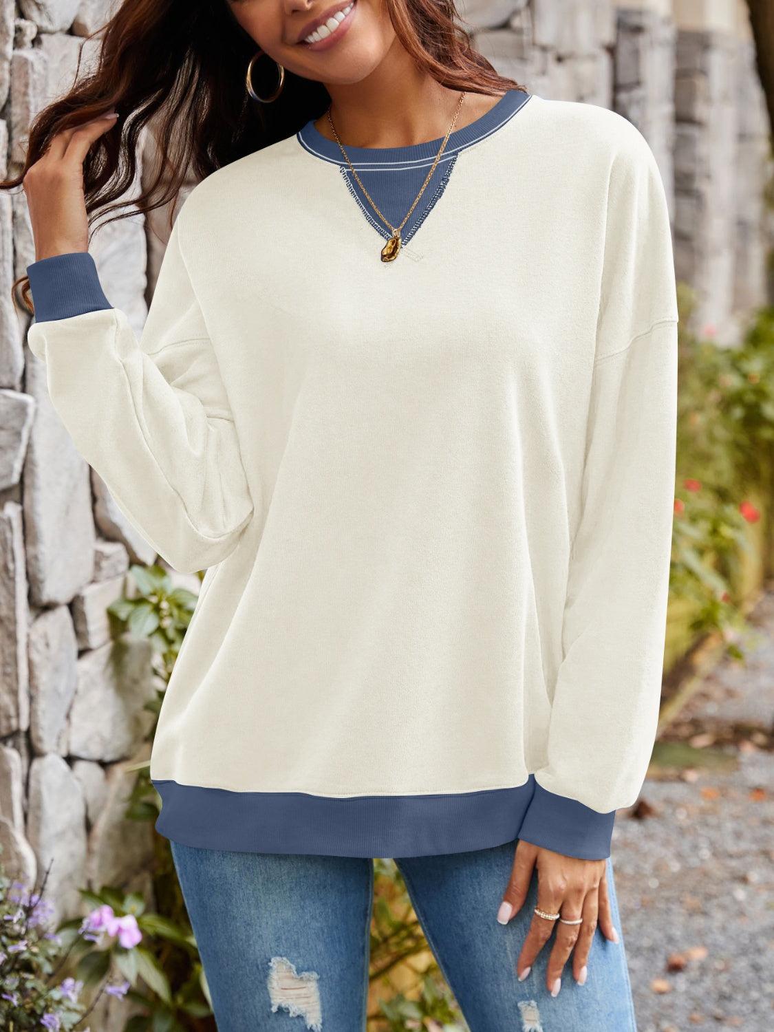 Contrast Round Neck Long Sleeve Sweatshirt - Bona Fide Fashion