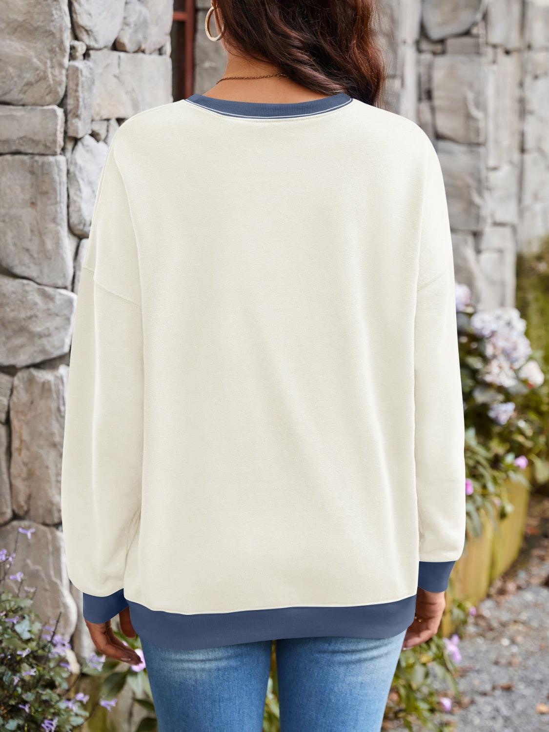 Contrast Round Neck Long Sleeve Sweatshirt - Bona Fide Fashion