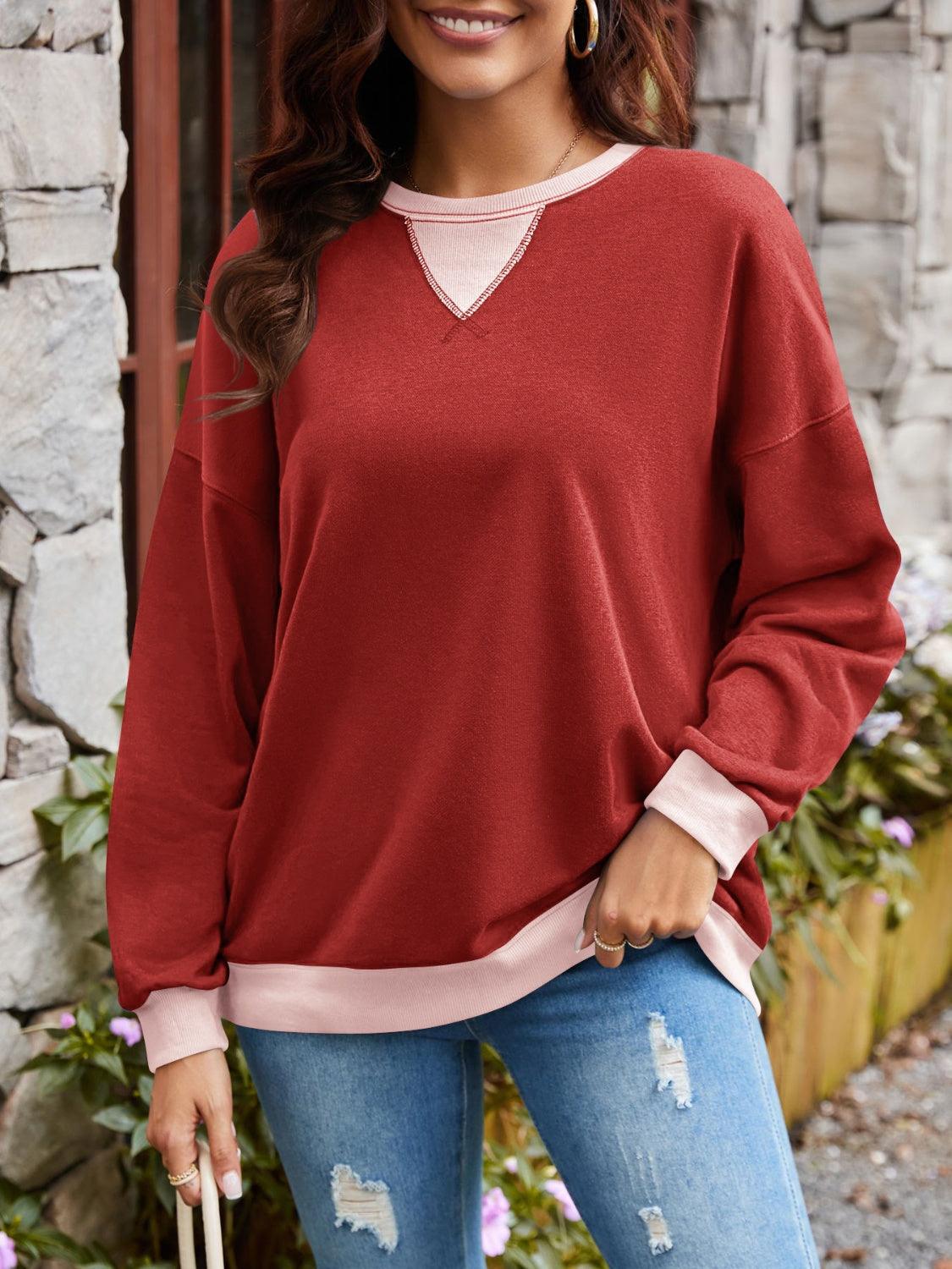 Contrast Round Neck Long Sleeve Sweatshirt - Bona Fide Fashion