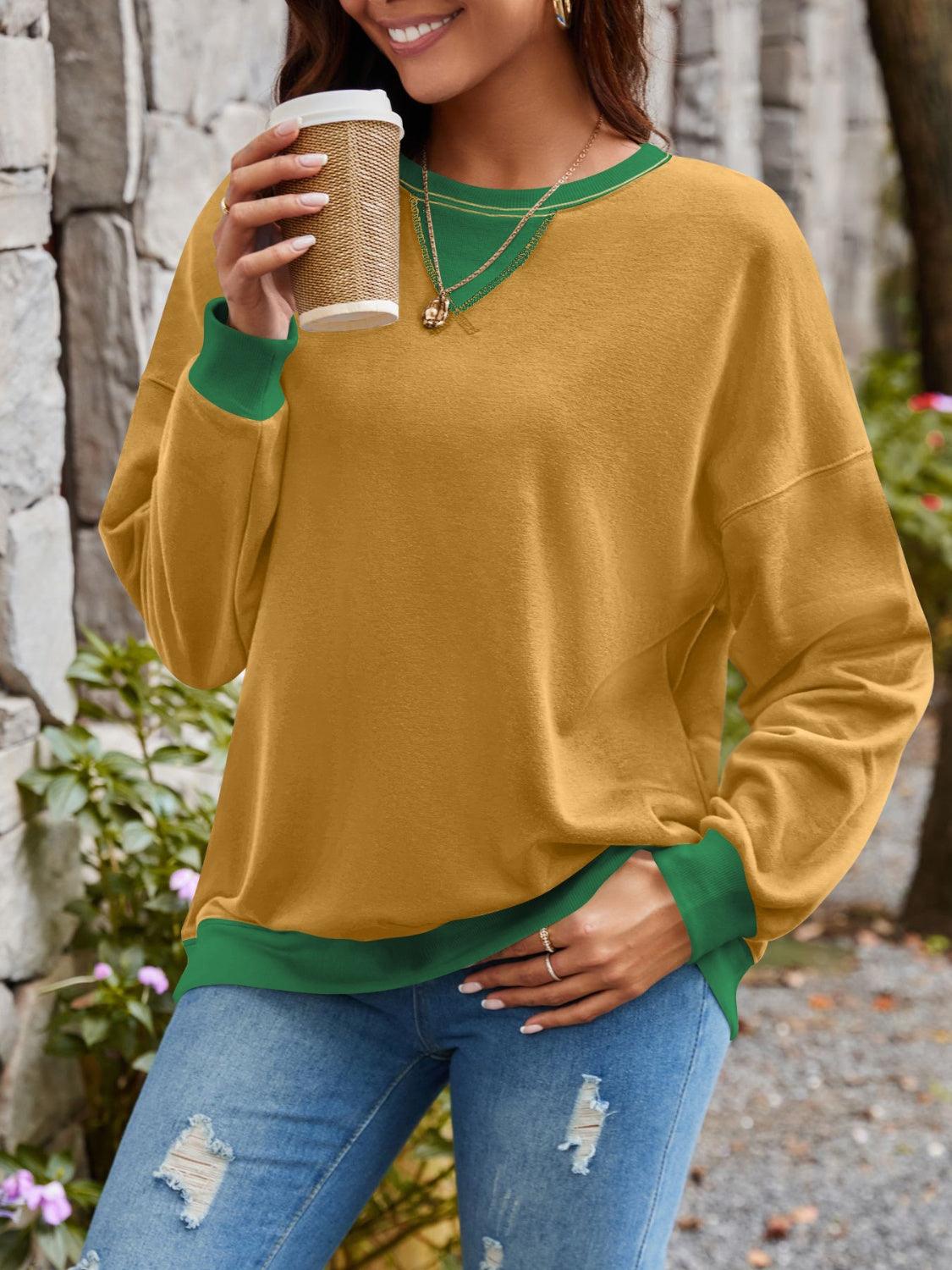 Contrast Round Neck Long Sleeve Sweatshirt - Bona Fide Fashion