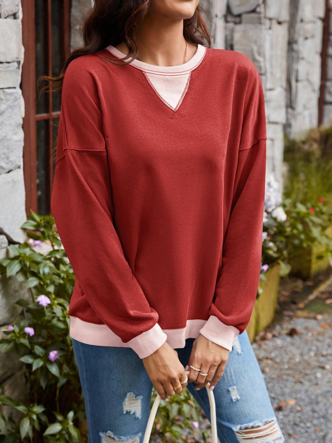 Contrast Round Neck Long Sleeve Sweatshirt - Bona Fide Fashion