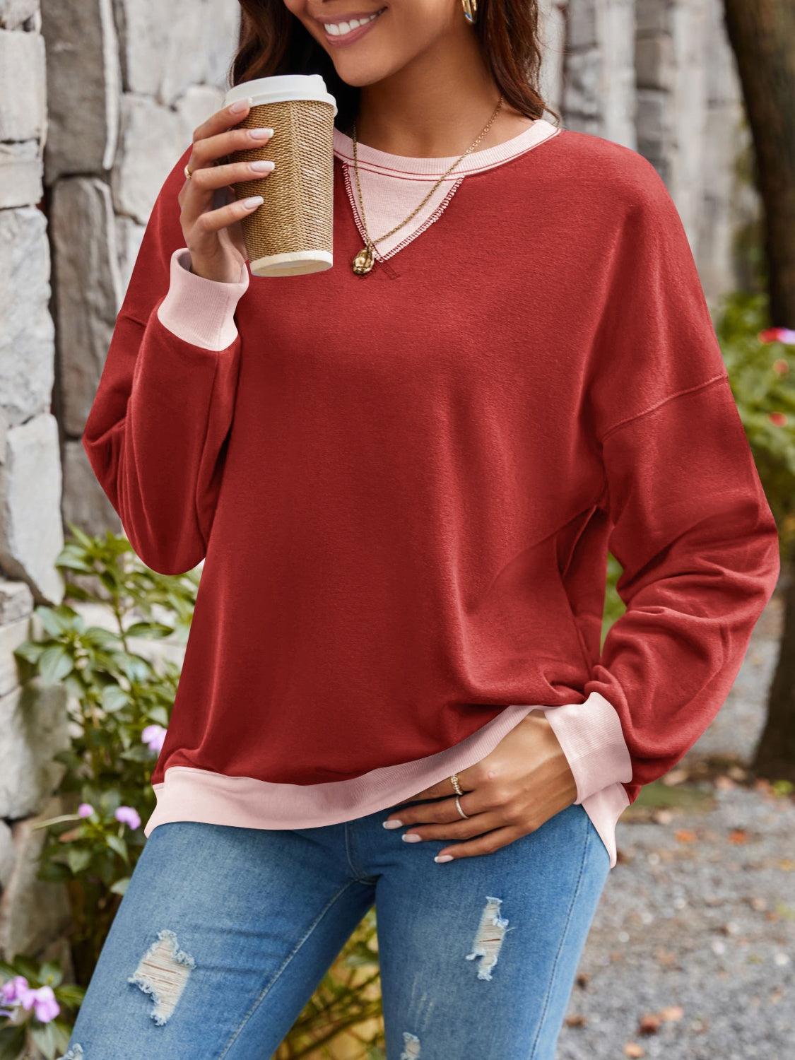 Contrast Round Neck Long Sleeve Sweatshirt - Bona Fide Fashion