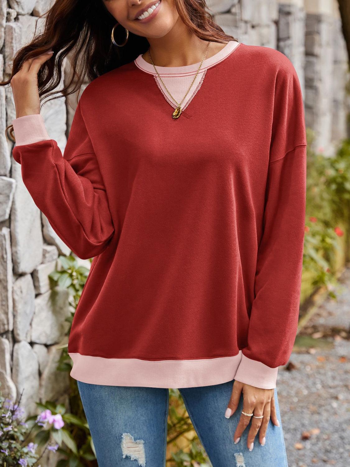 Contrast Round Neck Long Sleeve Sweatshirt - Bona Fide Fashion