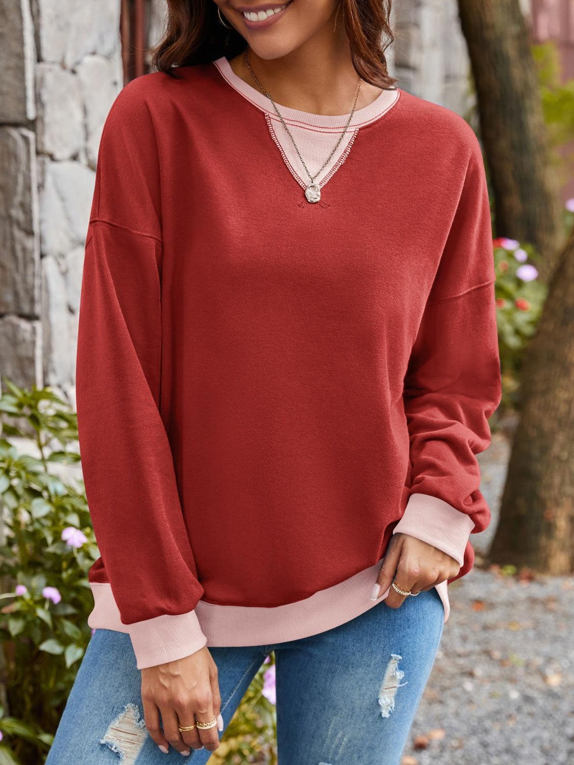 Contrast Round Neck Long Sleeve Sweatshirt - Bona Fide Fashion