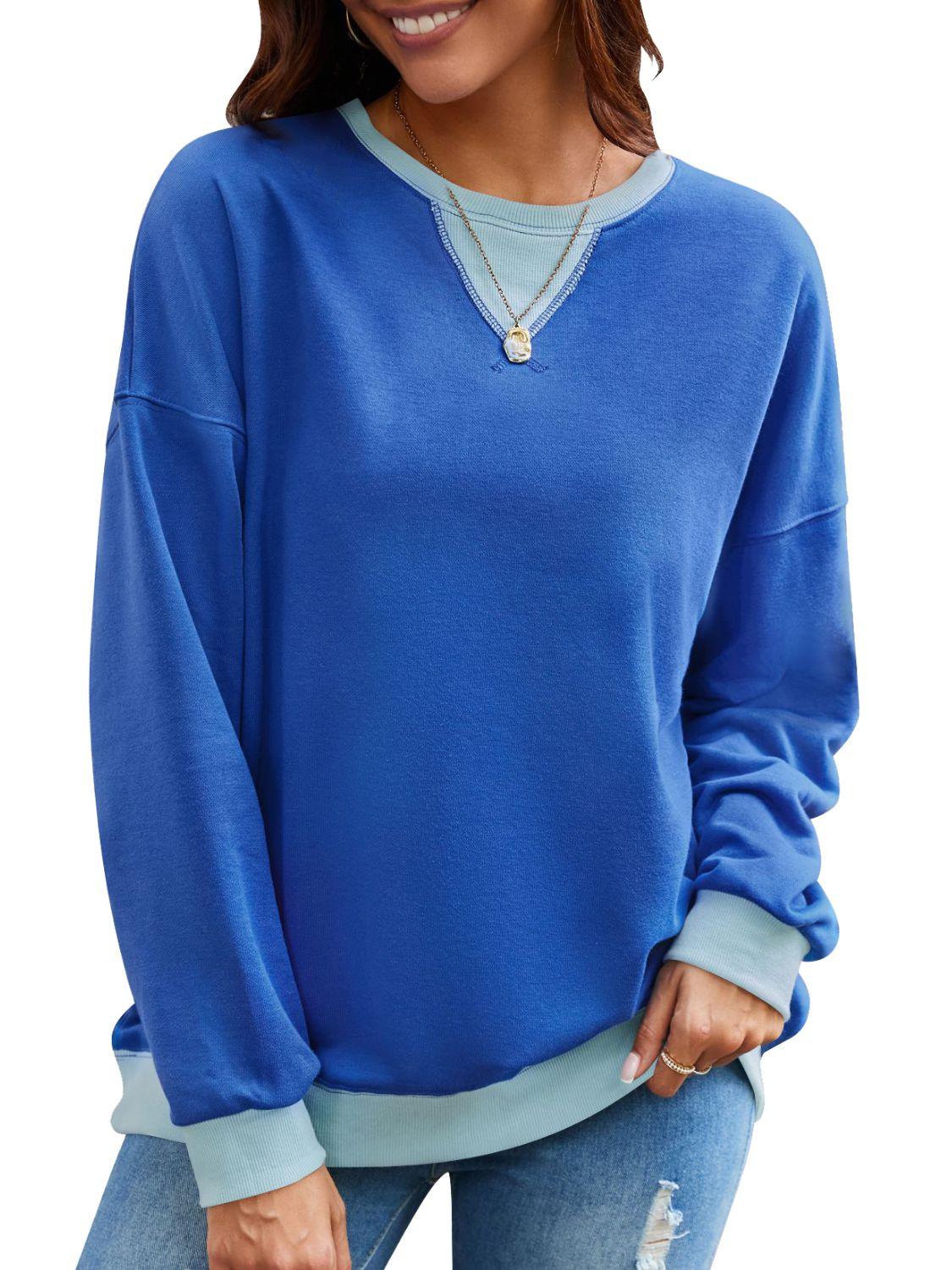 Contrast Round Neck Long Sleeve Sweatshirt - Bona Fide Fashion