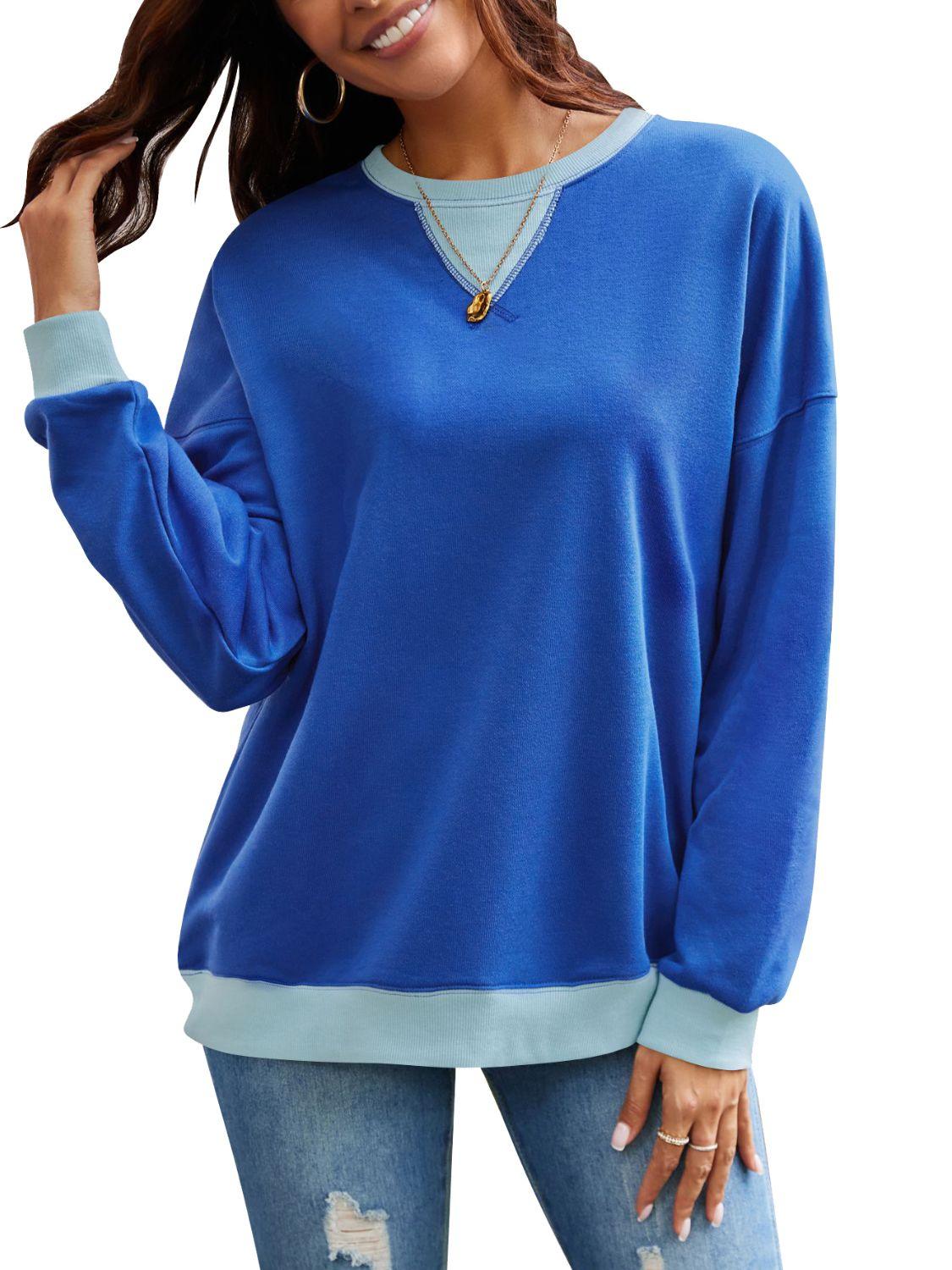 Contrast Round Neck Long Sleeve Sweatshirt - Bona Fide Fashion