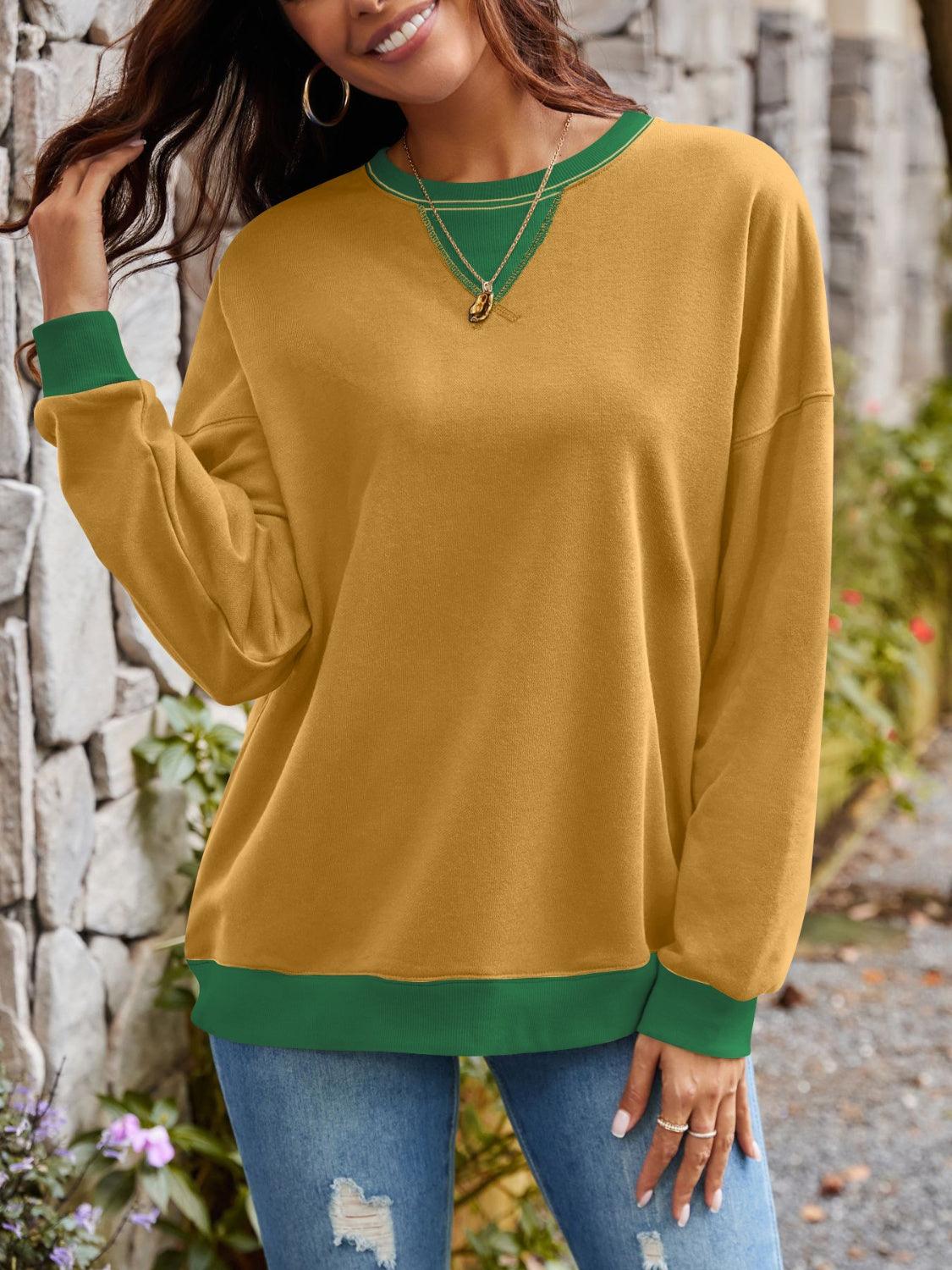 Contrast Round Neck Long Sleeve Sweatshirt - Bona Fide Fashion