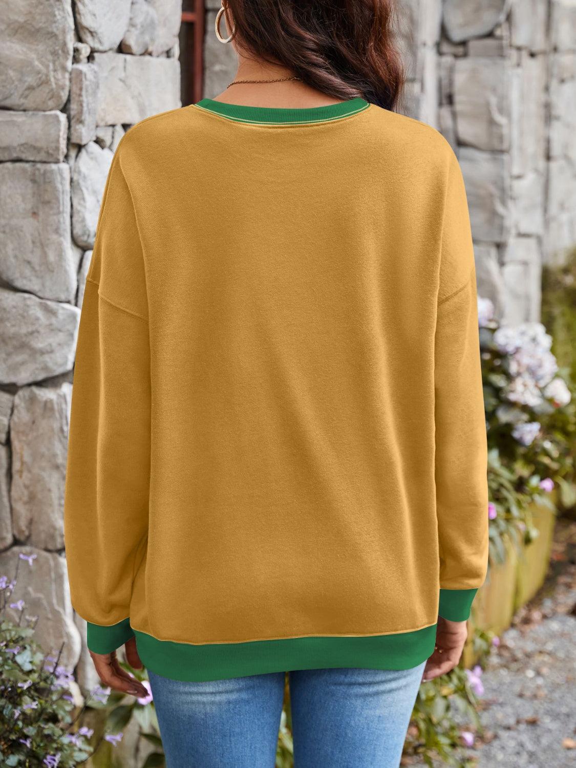 Contrast Round Neck Long Sleeve Sweatshirt - Bona Fide Fashion