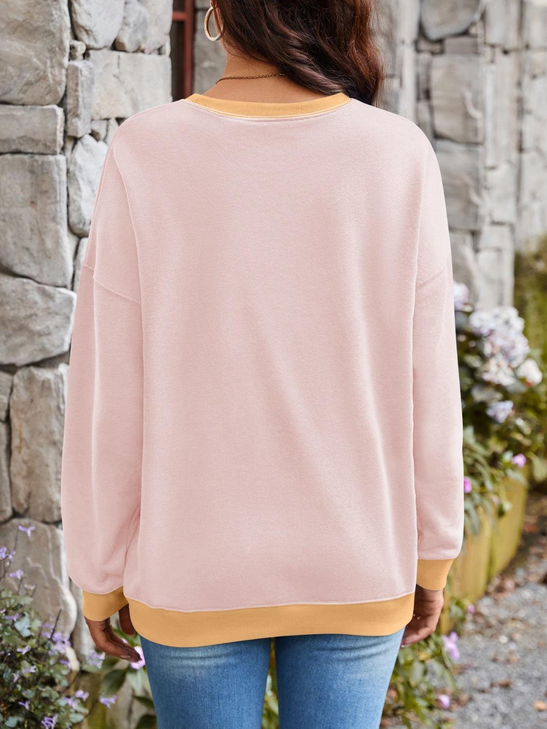 Contrast Round Neck Long Sleeve Sweatshirt - Bona Fide Fashion