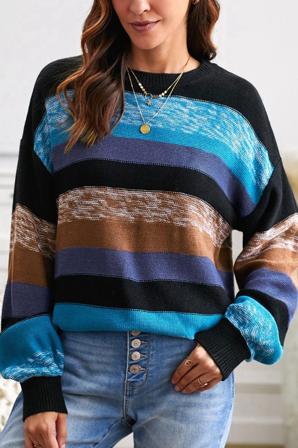 Contrast Striped Round Neck Drop Shoulder Sweater - Bona Fide Fashion