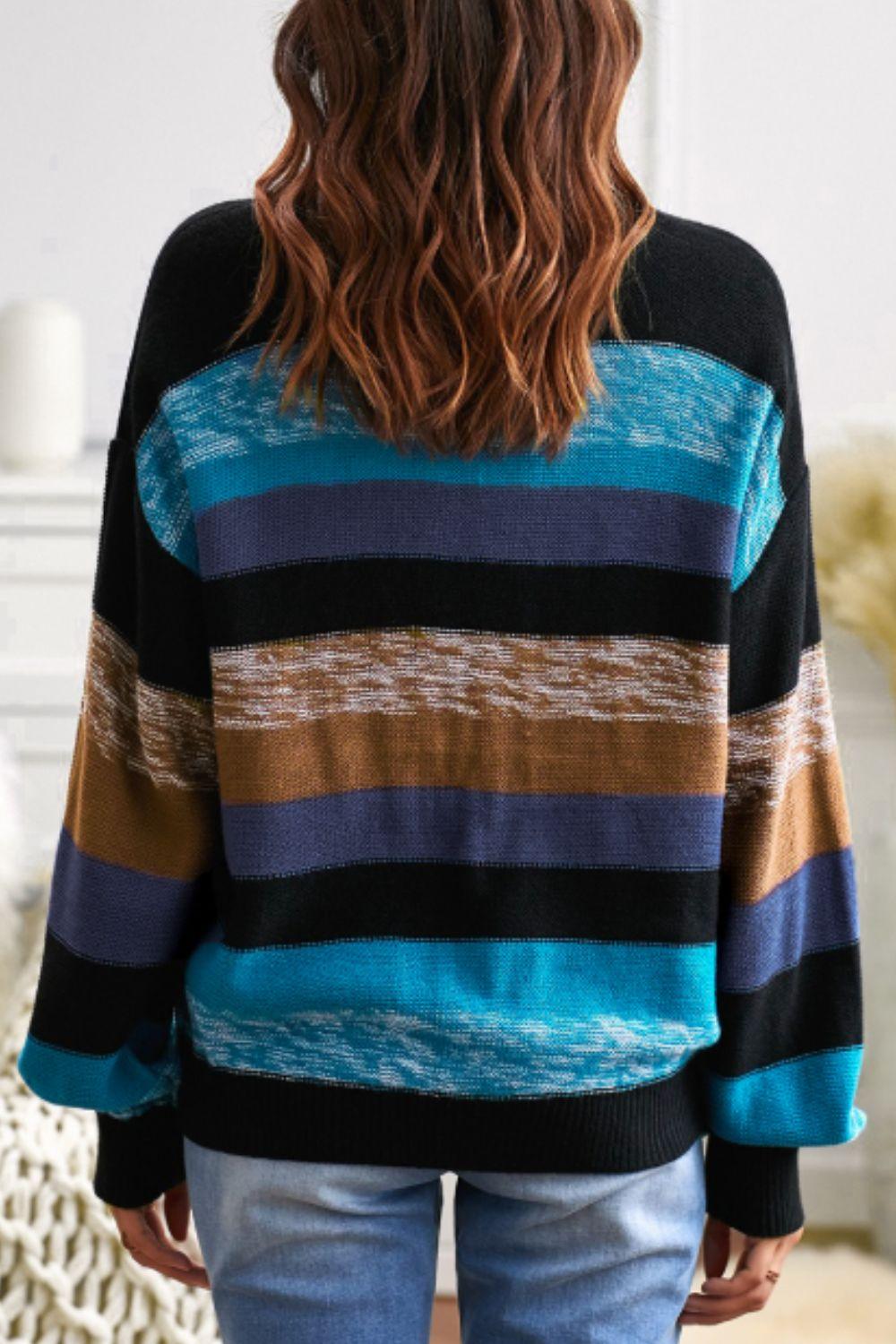 Contrast Striped Round Neck Drop Shoulder Sweater - Bona Fide Fashion