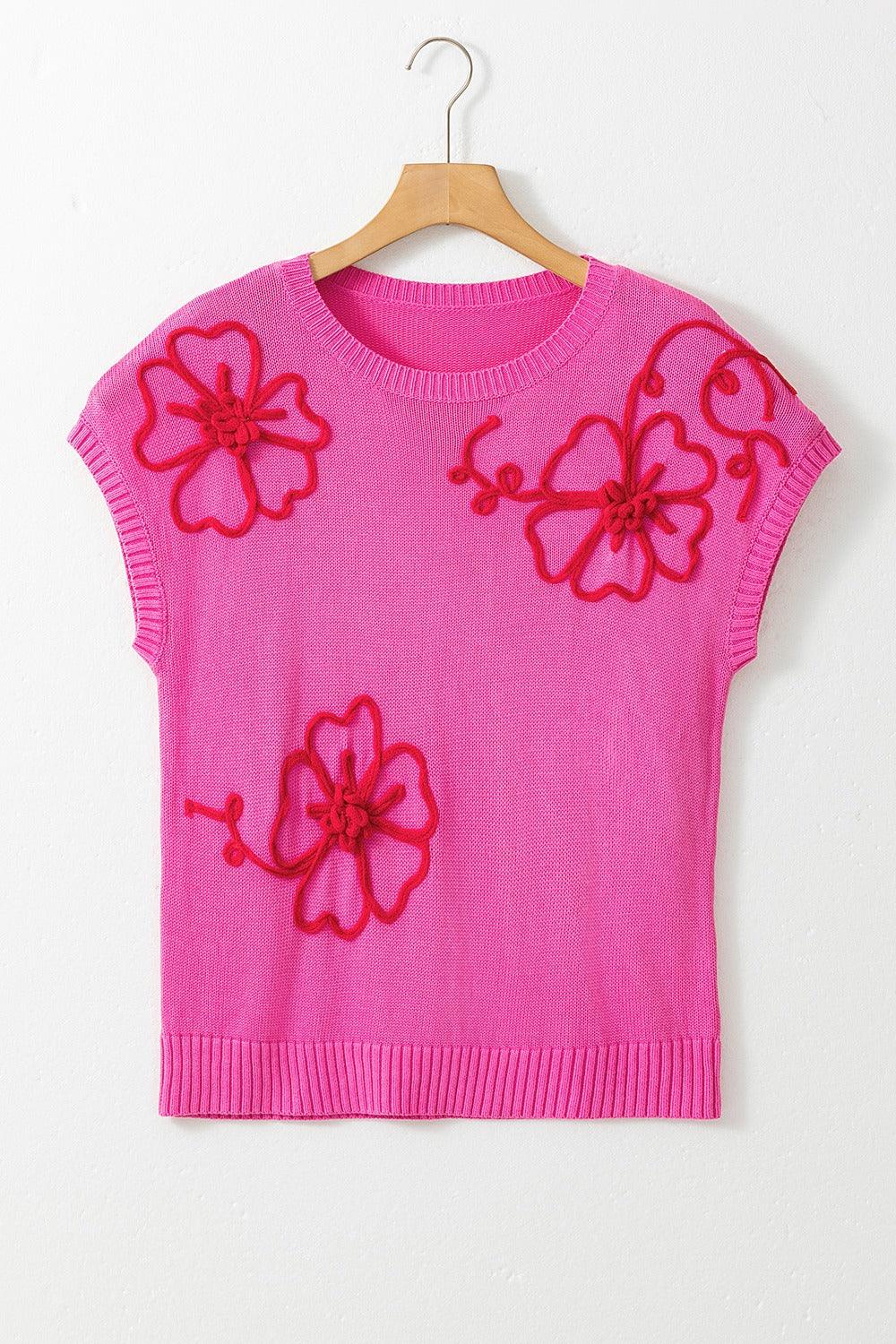 Crochet Flower Round Neck Cap Sleeve Sweater - Bona Fide Fashion