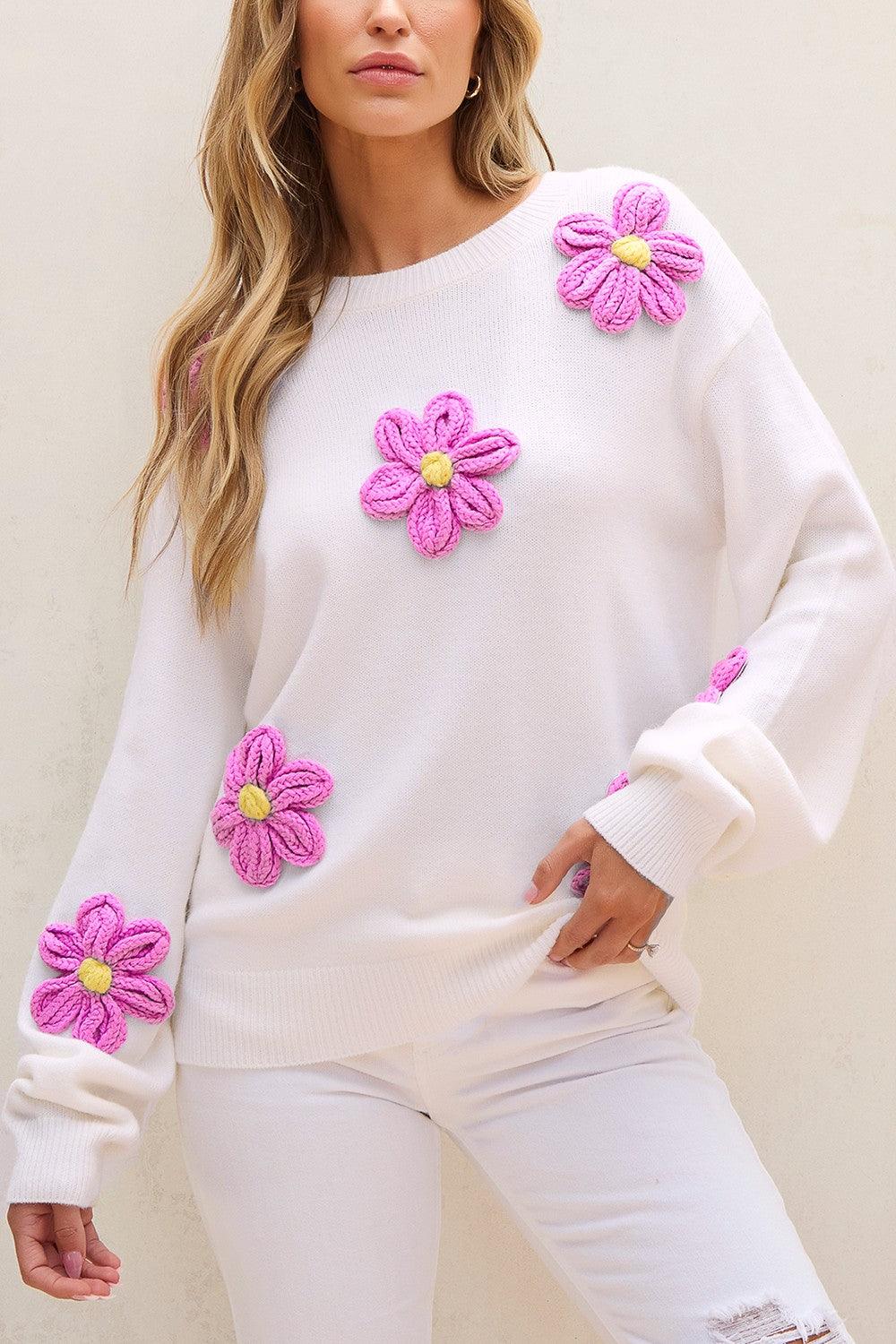 Crochet Flower Round Neck Long Sleeve Sweater - Bona Fide Fashion