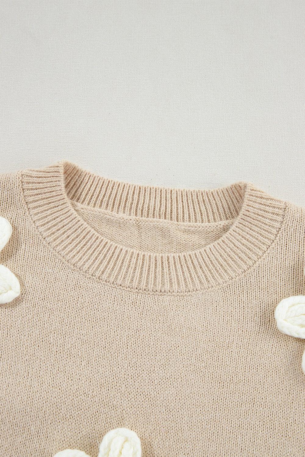 Crochet Flower Round Neck Long Sleeve Sweater - Bona Fide Fashion