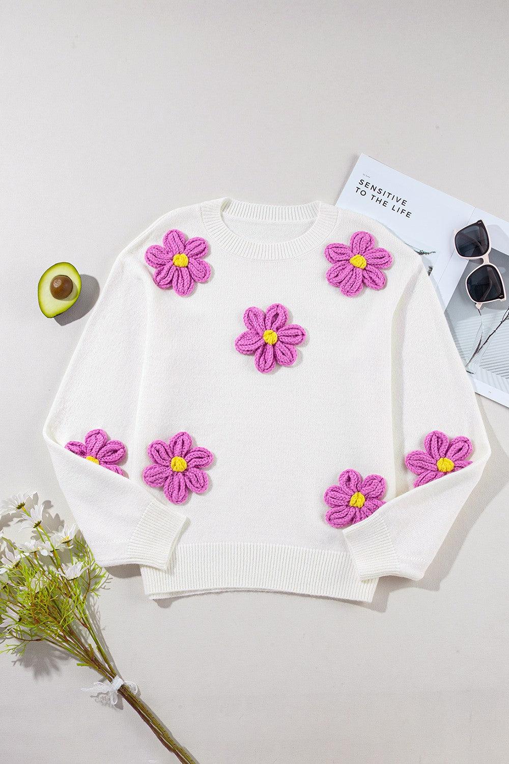 Crochet Flower Round Neck Long Sleeve Sweater - Bona Fide Fashion