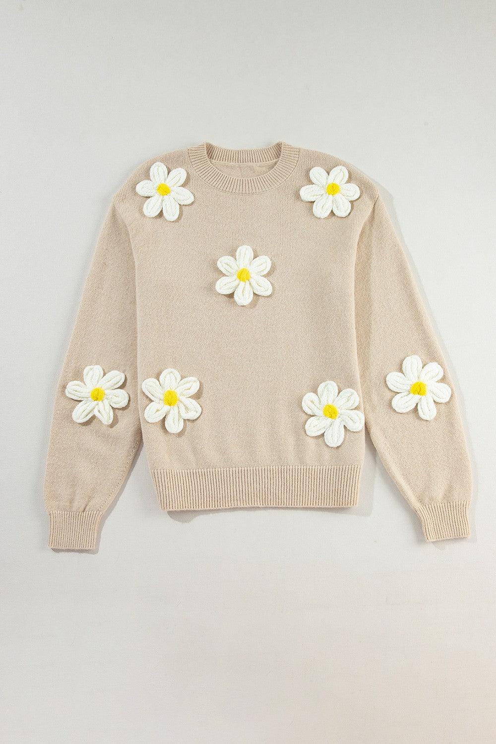 Crochet Flower Round Neck Long Sleeve Sweater - Bona Fide Fashion