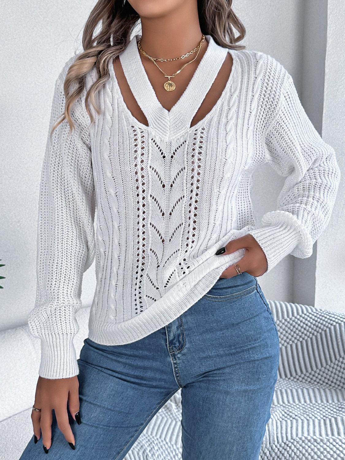 Cutout V-Neck Long Sleeve Sweater - Bona Fide Fashion