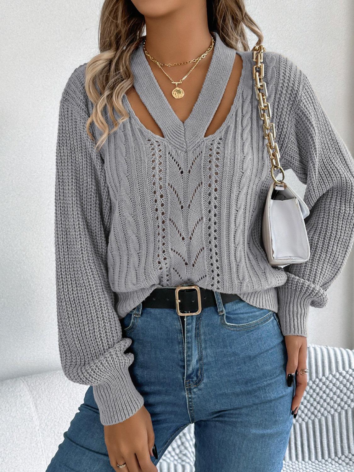 Cutout V-Neck Long Sleeve Sweater - Bona Fide Fashion