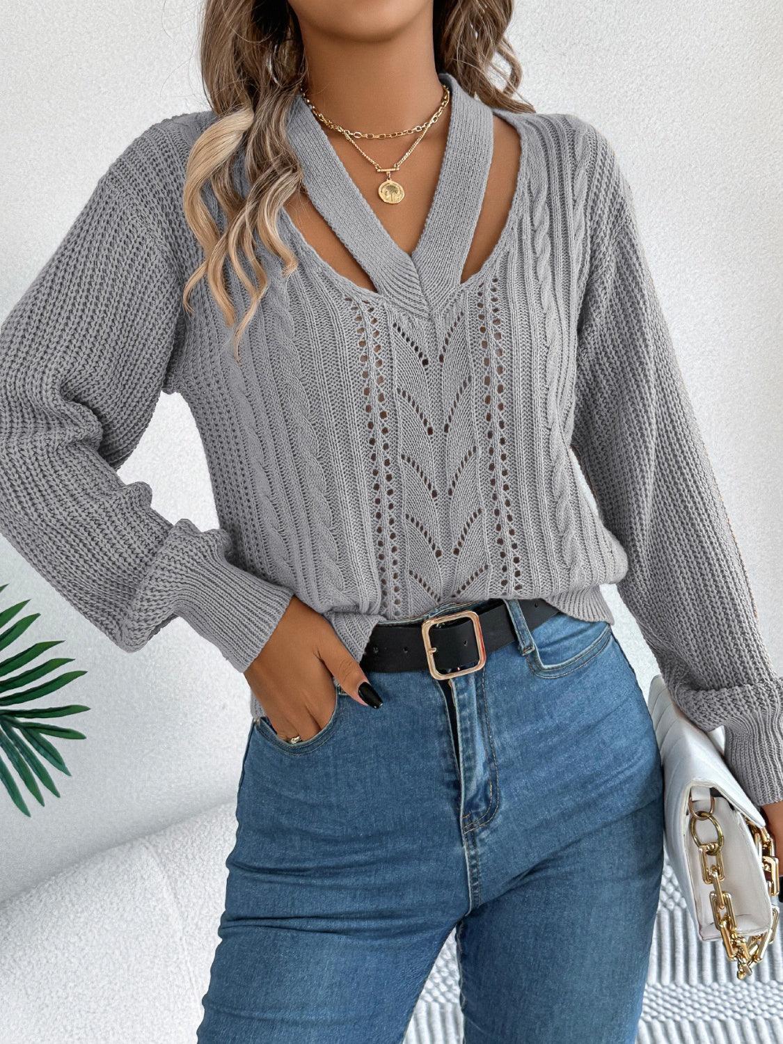 Cutout V-Neck Long Sleeve Sweater - Bona Fide Fashion